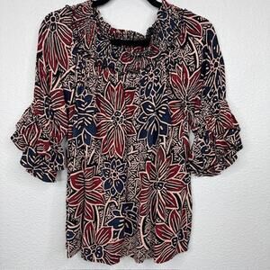Hippie Flowy Sz Medium Ruffle Boho Navy/Brown Floral Top